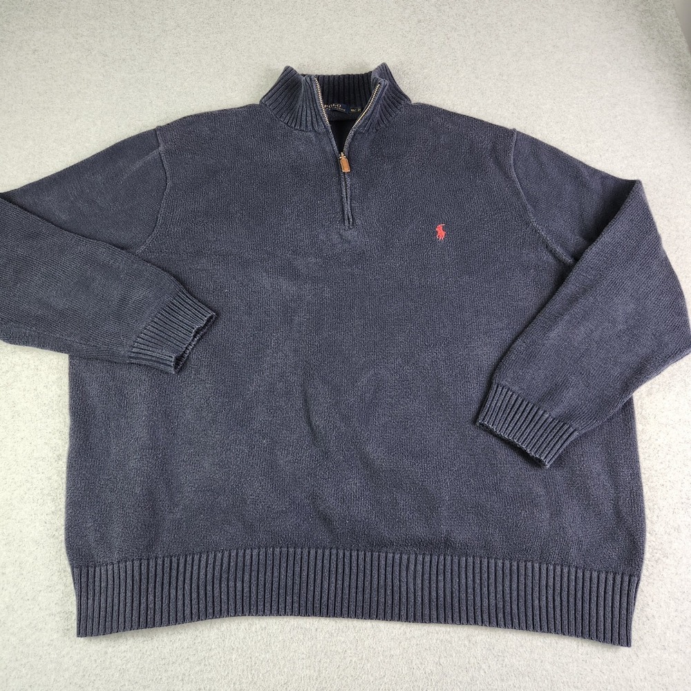 Polo Ralph Lauren Sweater‎ Mens 4XLT Navy Blue Cotton Knitted 1/4 Zip Pony Logo